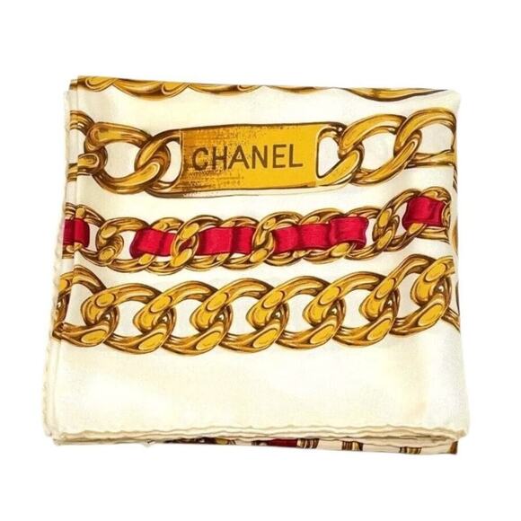 CHANEL Coco Mark Ivory x Multicolor Chain Pattern Square Silk Scarf /W Box - Picture 8 of 11